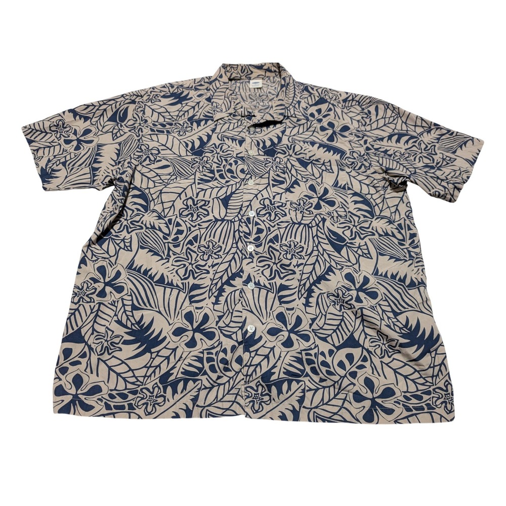 Old Navy Mens XL Short Sleeve Button Down Shirt Tan Blue Tropical Floral Cotton